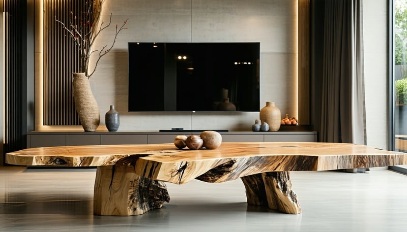 Beautifully crafted solid wood dining table and TV console by Gearward, showcasing natural wood grains in a modern home setting.