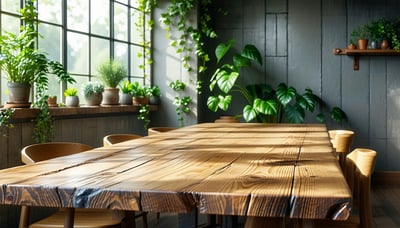 Solid wood dining table with natural light and fresh greenery, representing Gearward's warmth and craftsmanship