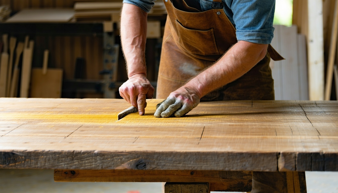 A craftsman hand-finishing a solid oak dining table