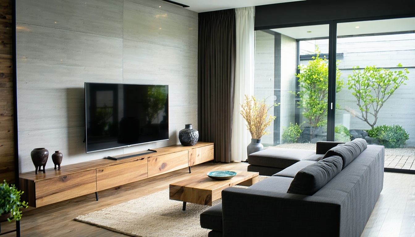 Modern living room with a custom solid wood TV console